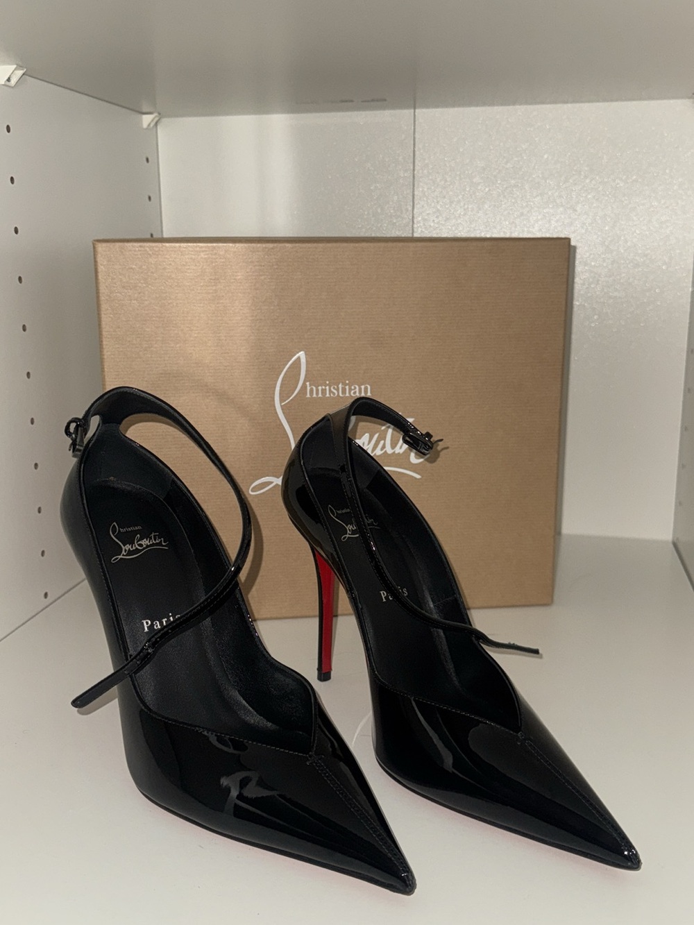 Christian Louboutin Black Patent Pointed-Toe Ankle-Strap Pumps with Red Sole
